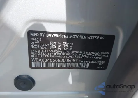 2014 BMW 650I Gran Coupe xDrive z USA, uszkodzony, nr VIN WBA6B4C56ED098967